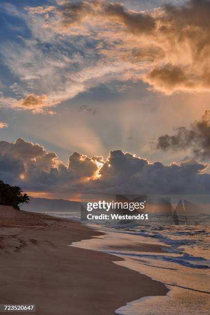 usa, hawaii, oahu, sunset and surf at sunset beach - waimea bay stock pictures, royalty-free photos & images