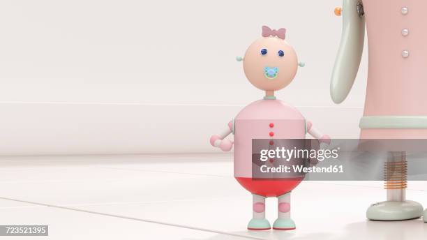 robot baby next to mother, 3d rendering - weird family stock illustrations