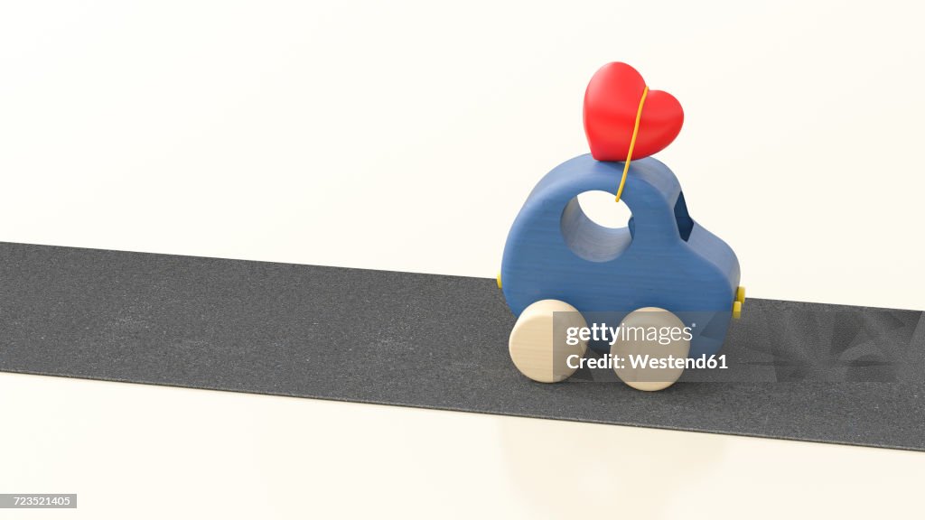 Wooden toy car with heart on roof, 3d rendering
