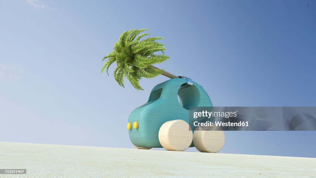 Wooden toy car with palm tree on roof, 3d rendering