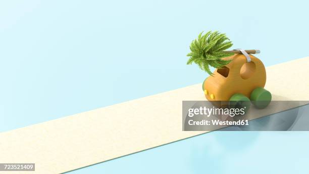 wooden toy car with palm tree on roof, 3d rendering - eskapismus stock-grafiken, -clipart, -cartoons und -symbole