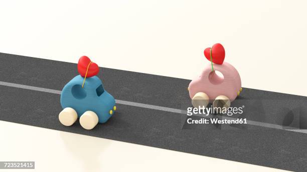 two wooden toy cars with hearts on roof, 3d rendering - spielzeugauto stock-grafiken, -clipart, -cartoons und -symbole