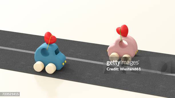 two wooden toy cars with hearts on roof, 3d rendering - stuff on car roof stock illustrations
