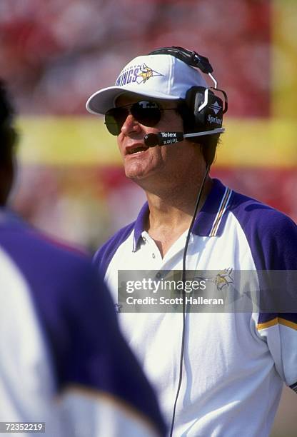 Offensive coordinator Brian Billick of the Minnesota Vikings looks on during the game against the Tampa Bay Buccaneers at the Raymond James Stadium...