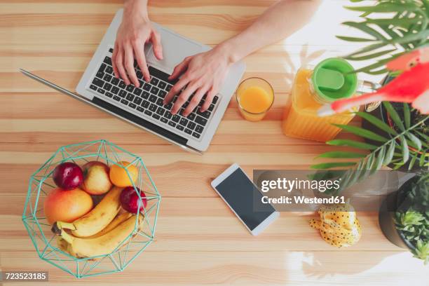 top view of man using laptop at home - glass figurine stock pictures, royalty-free photos & images