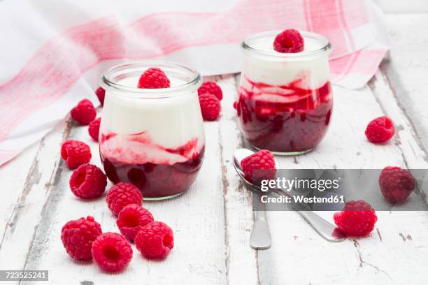 two glasses of raspberry mascarpone mousse - mascarpone stock pictures, royalty-free photos & images