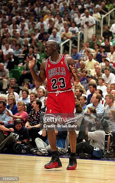 Michael Jordan of the Chicago Bulls moves on the court during game five of the NBA Finals against the Utah Jazz at the Delta Center in Salt Lake...
