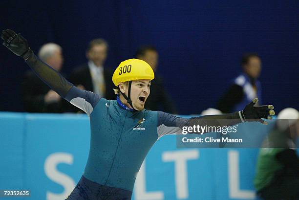Steven Bradbury of Australia celebrates winning the gold medal in the men's 1000m speed skating final during the Salt Lake City Winter Olympic Games...