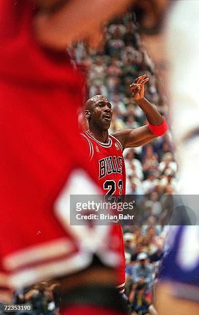 Michael Jordan of the Chicago Bulls looks open during game five of the NBA Finals against the Utah Jazz at the Delta Center in Salt Lake City, Utah....