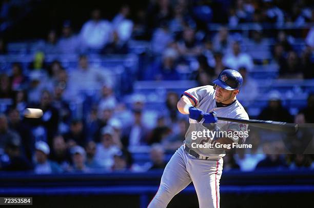 Brad Fullmer of the Toronto Blue Jays at bat during the game against the New York Yankees at Yankee Stadium in the Bronx, New York. The Blue Jays...