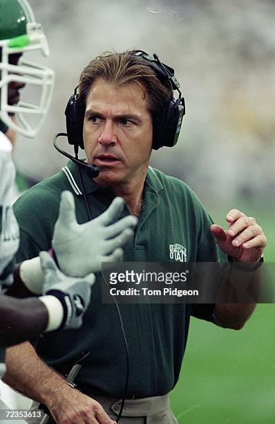 Coach Nick Saban of the Michigan State Spartans looks on during the game against the Purdue Boilermakers at the Ross-Ade Stadium in West Lafayette,...