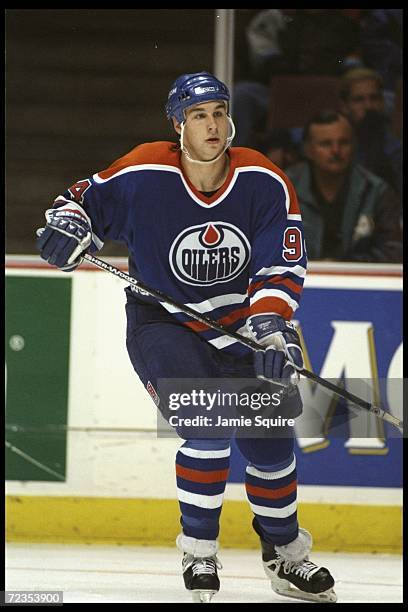 Let-winger Ryan Smyth of the Edmonton Oilers looks on during a game against the Anaheim Mighty Ducks played at Arrowhead Pond in Anaheim, California....