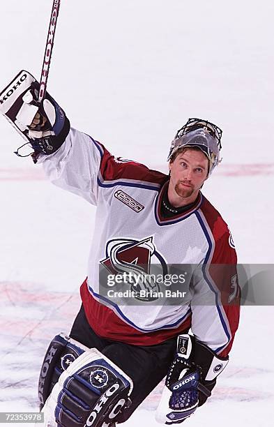 Goalie Patrick Roy of the Colorado Avalanche acknowledges the crowd after defeating the Phoenix Coyotes during game five of the first round of...