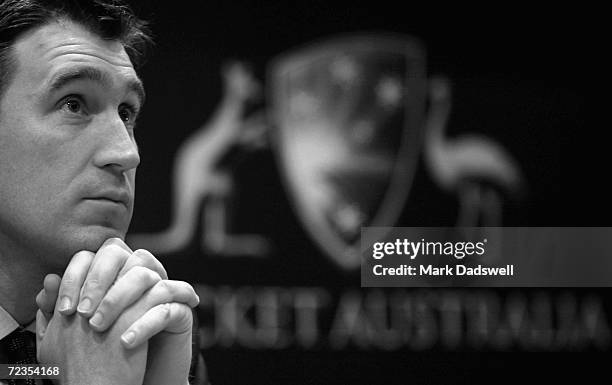 James Sutherland CEO of the Australian Cricket Board speaks with media at the unveiling of their new logo and brand name at the ACB office in...