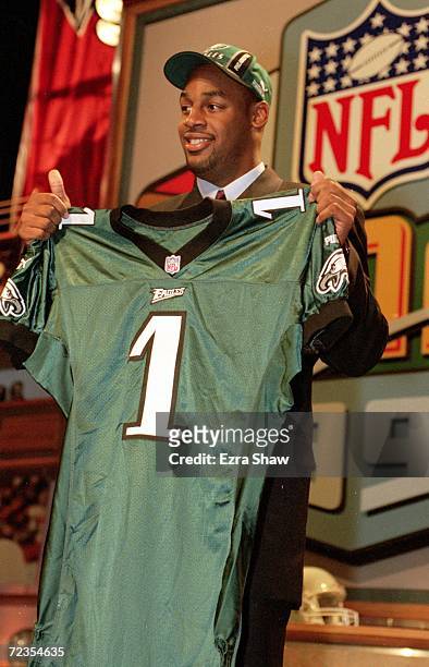Donovan McNabb of the Philadelphia Eagles holds up his Eagles jersey during the NFL Draft at Madison Square Garden in New York, New York. Mandatory...