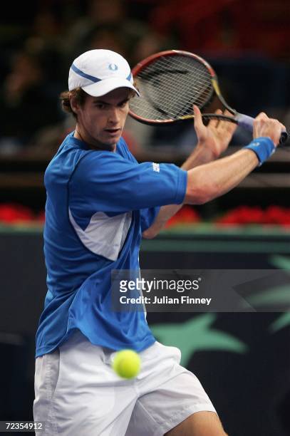 Andy Murray of Great Britain in action against Dominik Hrbaty of Slovakia in the third round during day four of the BNP Paribas ATP Tennis Masters...