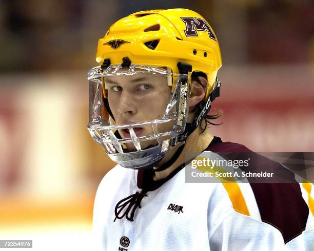 Freshman Erik Johnson of the University of Minnesota Gophers looks on against the Colorado College Tigers on October 27, 2006 at Mariucci Arena in...