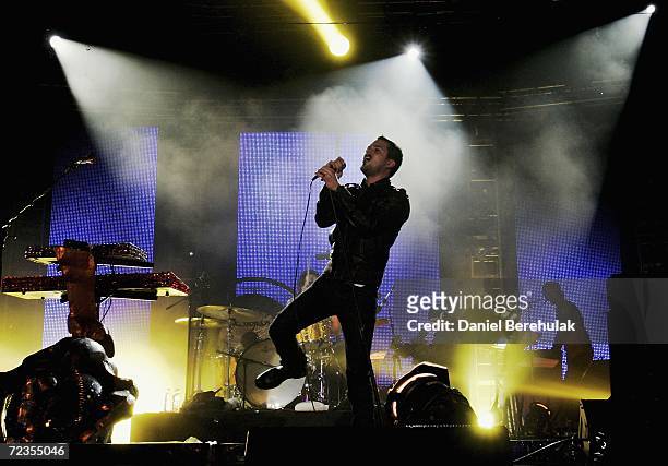 Brandon Flowers of The Killers performs on stage during the 13th annual MTV Europe Music Awards 2006 at the Radhausplasden on November 2, 2006 in...