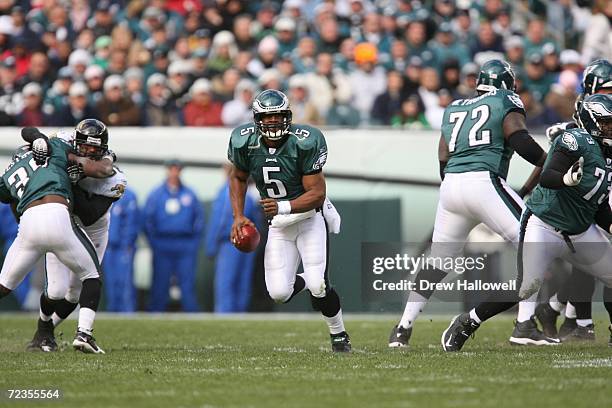 Quarterback Donovan McNabb of the Philadelphia Eagles scrambles during the game against the Jacksonville Jaguars on October 29, 2006 at the Lincoln...