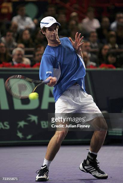 Andy Murray of Great Britain in action against Dominik Hrbaty of Slovakia in the third round during day four of the BNP Paribas ATP Tennis Masters...