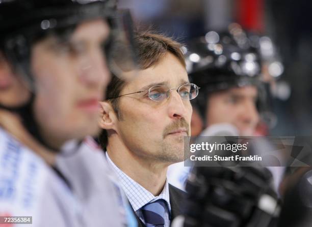 Mike Schmidt, Trainer of Hamburg ponders during the DEL Bundesliga game between Hamburg Freezers and Krefeld Pinguine at the Color Line Arena on...