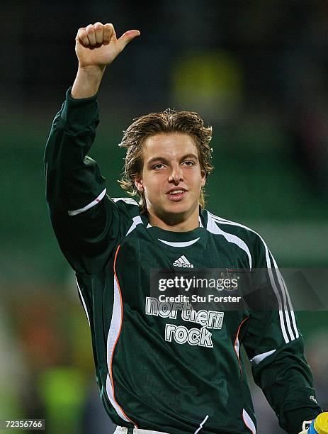 Newcastle goal keeper Tim Krul celebrates after the UEFA Cup Group H match between Palermo and Newcastle United at the Renzo Barbera Stadium on...
