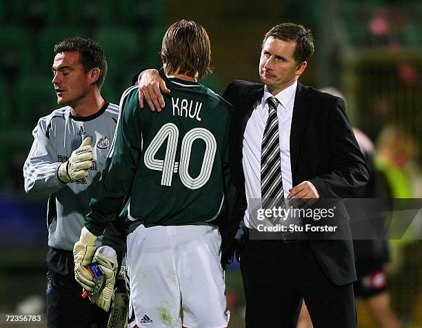 Newcastle manager Glenn Roeder and Steve Harper congratulate keeper Tim Krul after the UEFA Cup Group H match between Palermo and Newcastle United at...