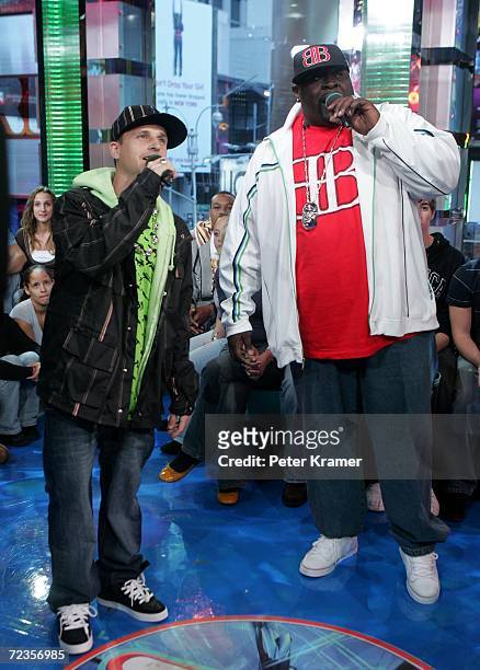 Skater Rob Dyrdek and Christopher ?Big Black? Boykin from the show Rob & Big make an appearance on MTV's Total Request Live on November 2, 2006 in...