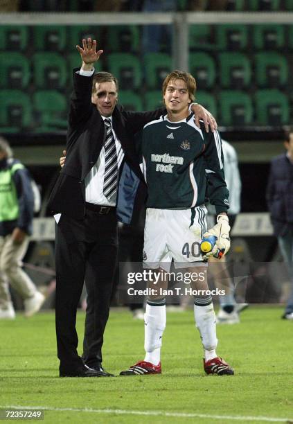 Tim Krul, goalkeeper of of Newcastle, and manager Glenn Roeder celebrate following the Group H UEFA Cup game between Palermo and Newcastle United on...