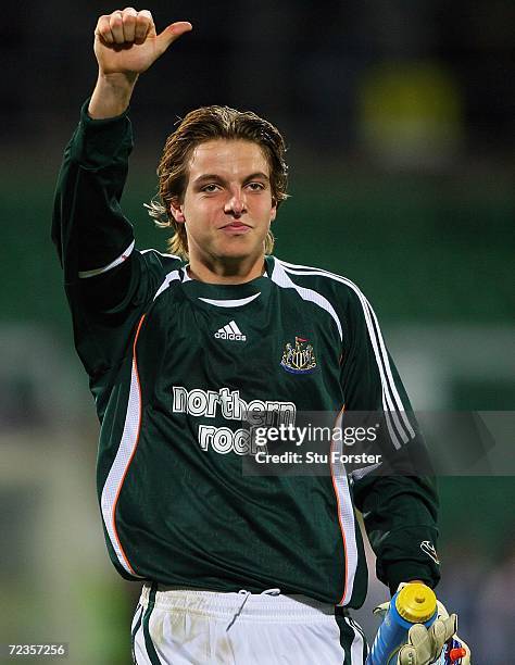Tim Krul, goalkeeper of of Newcastle, celebrates following the Group H UEFA Cup game between Palermo and Newcastle United on November 2, 2006 at the...