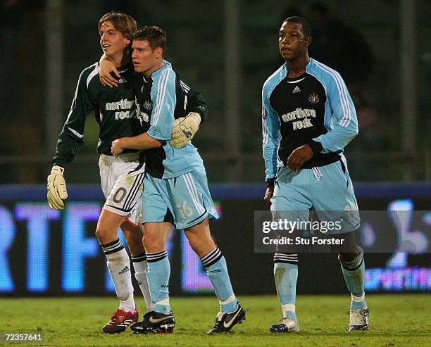 Newcastle goal keeper Tim Krul celebrates with James Milner and Titus Bramble after the UEFA Cup Group H Match between Palermo and Newcastle United...