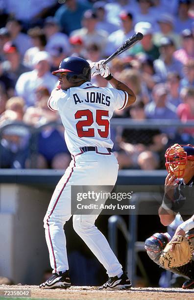 Andruw Jones of the Atlanta Braves stands ready at bat during a Spring Training Game against the Cleveland Indians at Disney Wide World of Sports in...