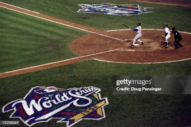 Outfielder Greg Vaughn of the San Diego Padres in action during Game 1 of the 1998 World Series against the New York Yankees at Yankee Stadium in the...