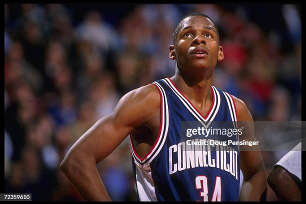 Guard Ray Allen of the Connecticut Huskies pauses on the court during a break in the action against the Georgetown Hoyas in this Big East match-up at...