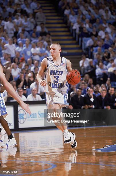 Brian Morrison of the North Carolina Tar Heels dribbles the ball during the ACC Conference basketball game against the Duke Blue Devils at the Dean...