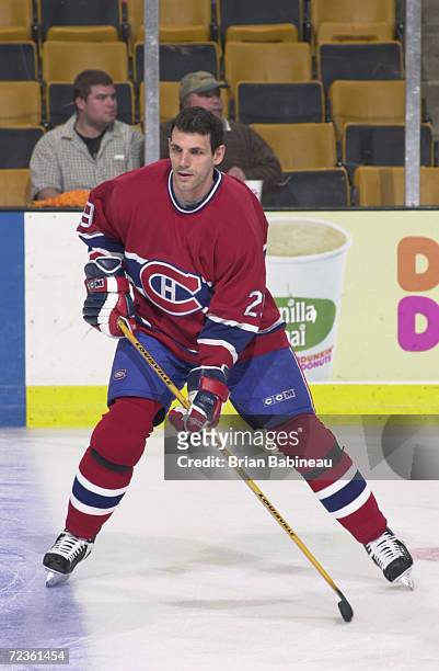 Gino Odjick of the Montreal Canadiens prepares for play against the Boston Bruins during game one of the Stanley cup playoffs at the Fleet Center in...