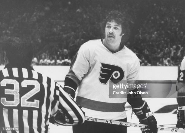 Philadelphia Flyer ice hockey player Dave Schultz on the ice during a game.