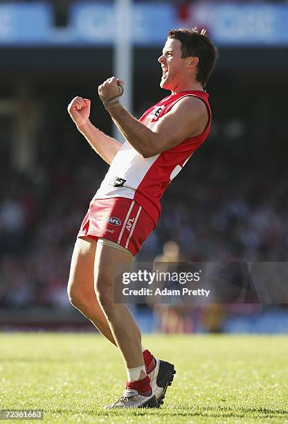 Adam Schneider of the Swans celebrates a crucial goal during the round 17 AFL match between the Sydney Swans and the West Coast Eagles at the Sydney...