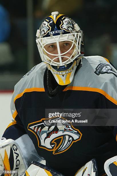 Tomas Vokoun of the Nashville Predators eyes the play against the San Jose Sharks at Gaylord Entertainment Center on October 26, 2006 in Nashville,...