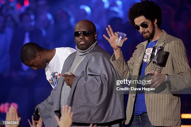 Gnarls Barkley, Danger Mouse and Cee-Lo Green receive the Furure Sounds Award on stage at the 13th annual MTV Europe Music Awards 2006 at the Bella...