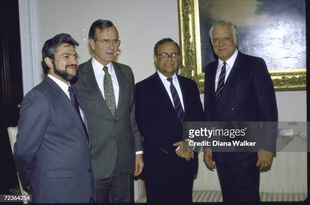 Nicaraguan Contra ldrs. Alfonso Robelo and Adolfo Calero and Arturo Cruz with VP George Bush at the White House.