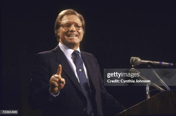 Pentacostal preacher Jimmy Swaggart speaking at convention of religions broadcasters.