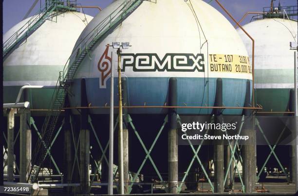 Storage tanks at Pemex oil refinery.
