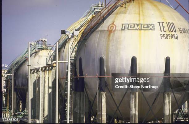 Storage tanks at Pemex oil refinery.