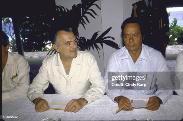 Mexican President Miguel de la Madrid and Mexican finance minister Jesus Silva Herzog during oil meeting.