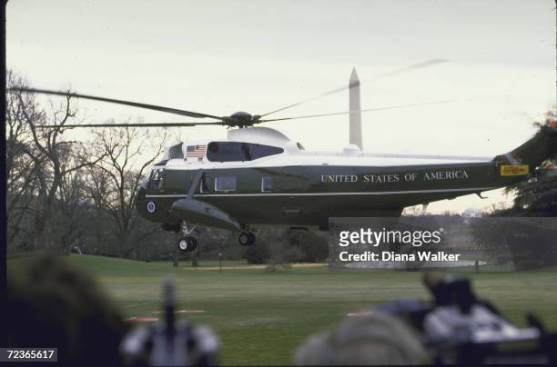 President Reagan's Marine One helicopter taking off for a trip to Camp David.