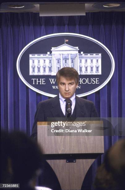 White House press Secretary Larry Speakes during press. Conf. About sanctions.