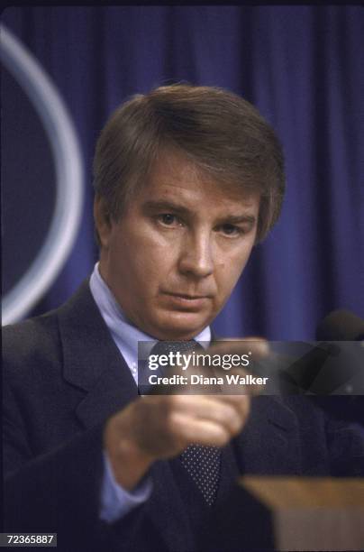 White House press Secretary Larry Speakes during press. Conf. About sanctions.