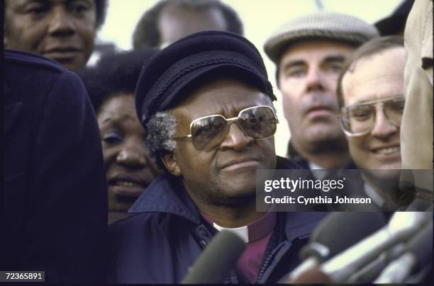 South African Bishop Desmond Tutu at anti-apartheid demo.