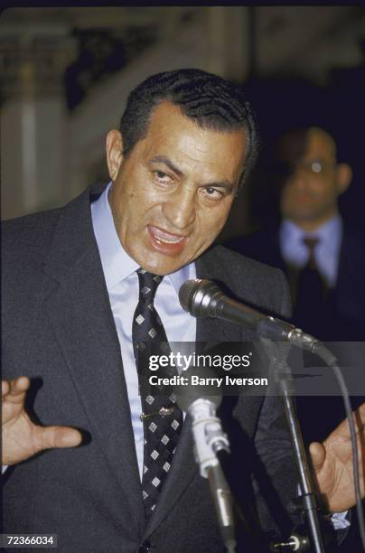 Egyptian President Husni Mubarak speaking to press after Egyptair flight 648 hijacking.